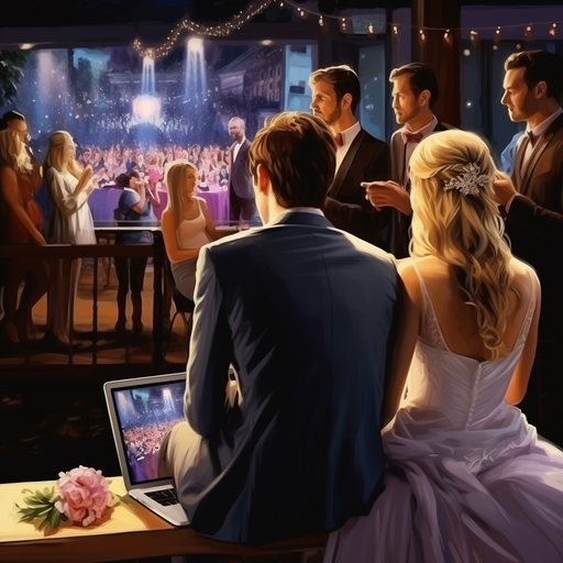 זוג ואורחיו צופים בסרטון החתונה במהלך קבלת הפנים