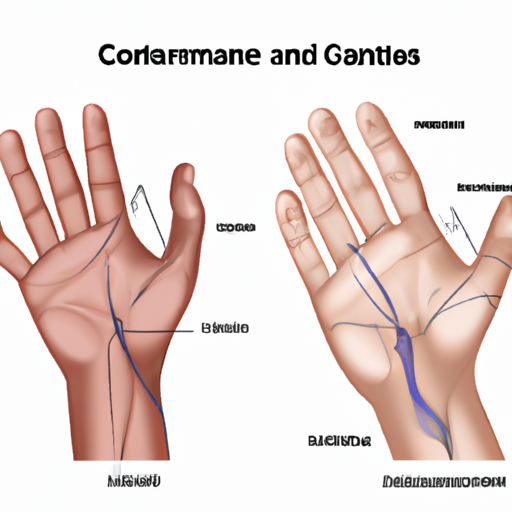 איור המציג את האנטומיה התקינה של יד ויד מושפעת מכיווץ.