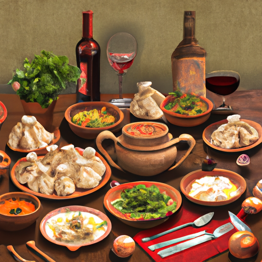 3. שולחן מלא במטבח גאורגי מסורתי, הכולל מגוון צבעוני של מנות כמו חינקאלי, חצ'אפורי ויין.
