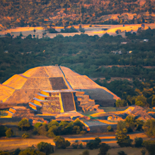 צילום אווירי של הפירמידות העתיקות של Teotihuacan שטופות באור הזהב של השקיעה.